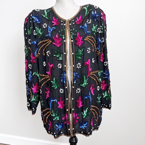 Jakelin Designs Vintage Beaded Sequin Silk Jacket 2X - Picture 3 of 16